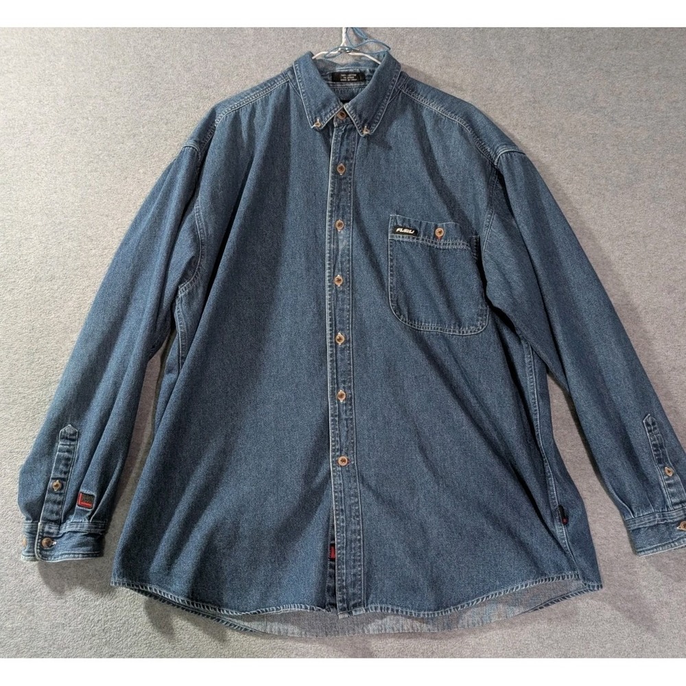 Vintage FUBU Jeans Denim Button Up Shirt XL Hip Hop Streetwear Y2K Embroidered